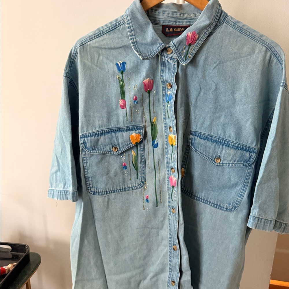 Denim Shirt hand painted floral design